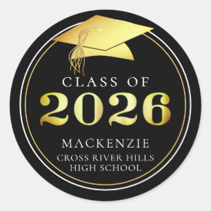 Class of 2026 Elegant Black Gold Personalized Classic Round Sticker