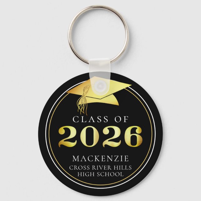 Class of 2026 Elegant Black Gold Personalized Keychain (Front)