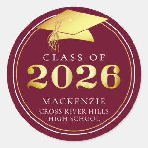 Class of 2026 Elegant Maroon Gold Personalized Classic Round Sticker