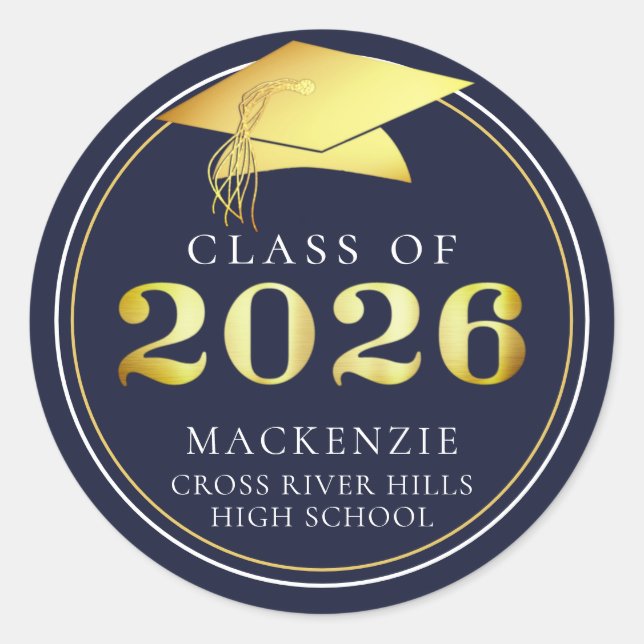 Class of 2026 Elegant Navy Blue Gold Personalized Classic Round Sticker (Front)