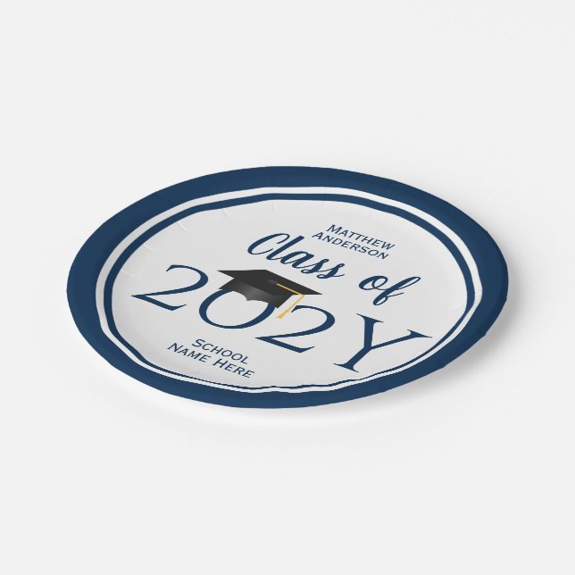 Class of 2026 Elegant Navy Blue Graduation Party Paper Plates (Angled)