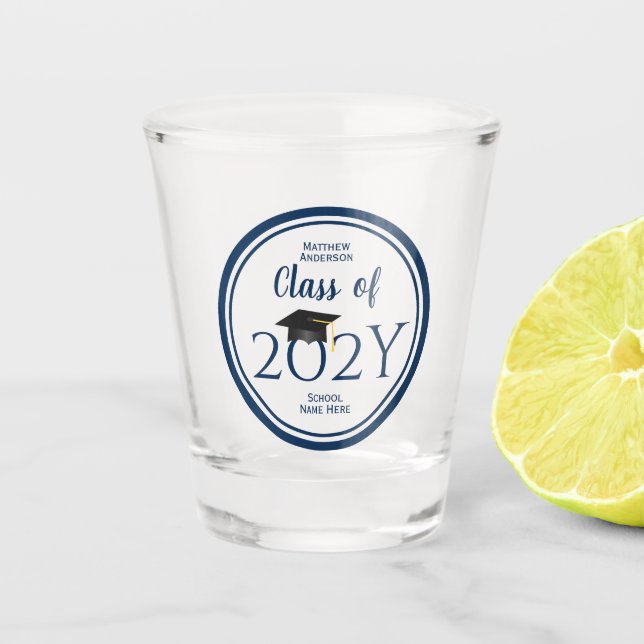 Class of 2026 Elegant Navy Blue Graduation Party Shot Glass (Front)