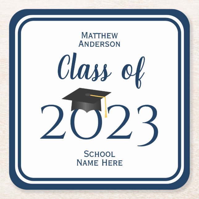 Class of 2026 Elegant Navy Blue Graduation Party Square Paper Coaster (Front)