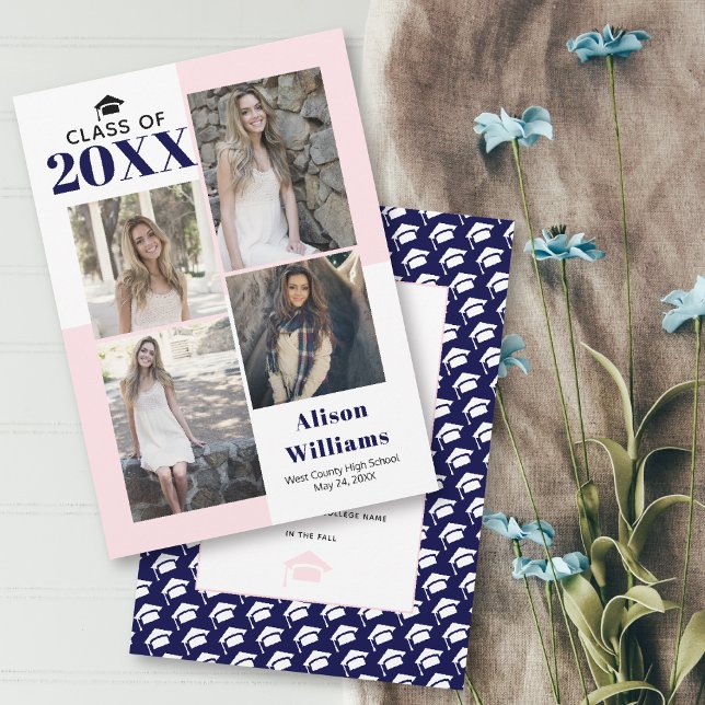 Class of 2026 four photos blush, navy graduation announcement (Creator Uploaded)