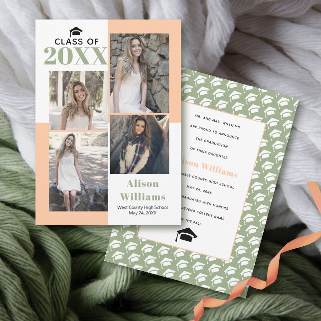 Class of 2026 four photos peach sage graduation announcement (Creator Uploaded)