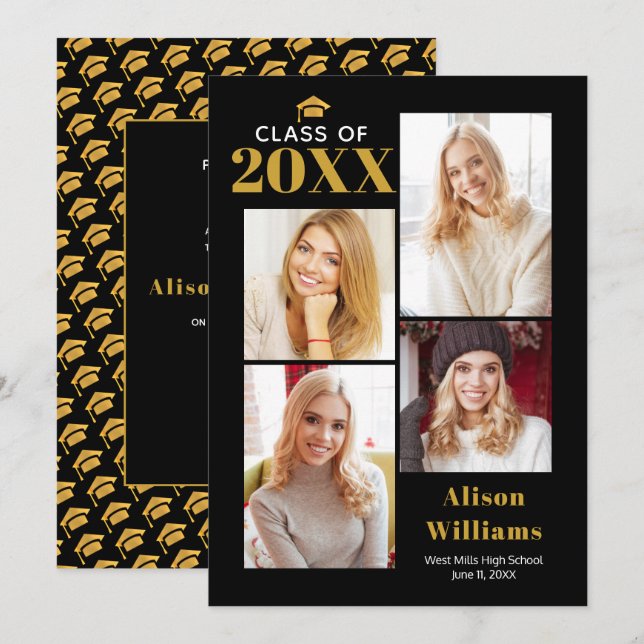 Class of 2026 gold and black graduation cap party invitation (Front/Back)