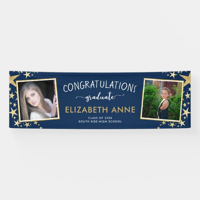 Class of 2026 Gold and Blue 2 Photos Graduation Banner (Horizontal)