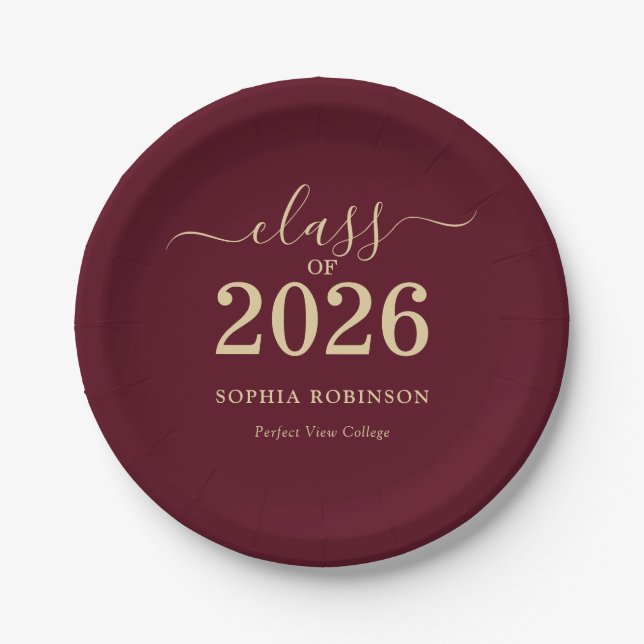 Class of 2026 Gold Burgundy Graduation Party Paper Plates (Front)