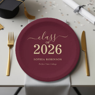 Class of 2026 Gold Burgundy Graduation Party Paper Plates