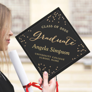 Class of 2026 Gold Confetti Dots Graduate Script Graduation Cap Topper