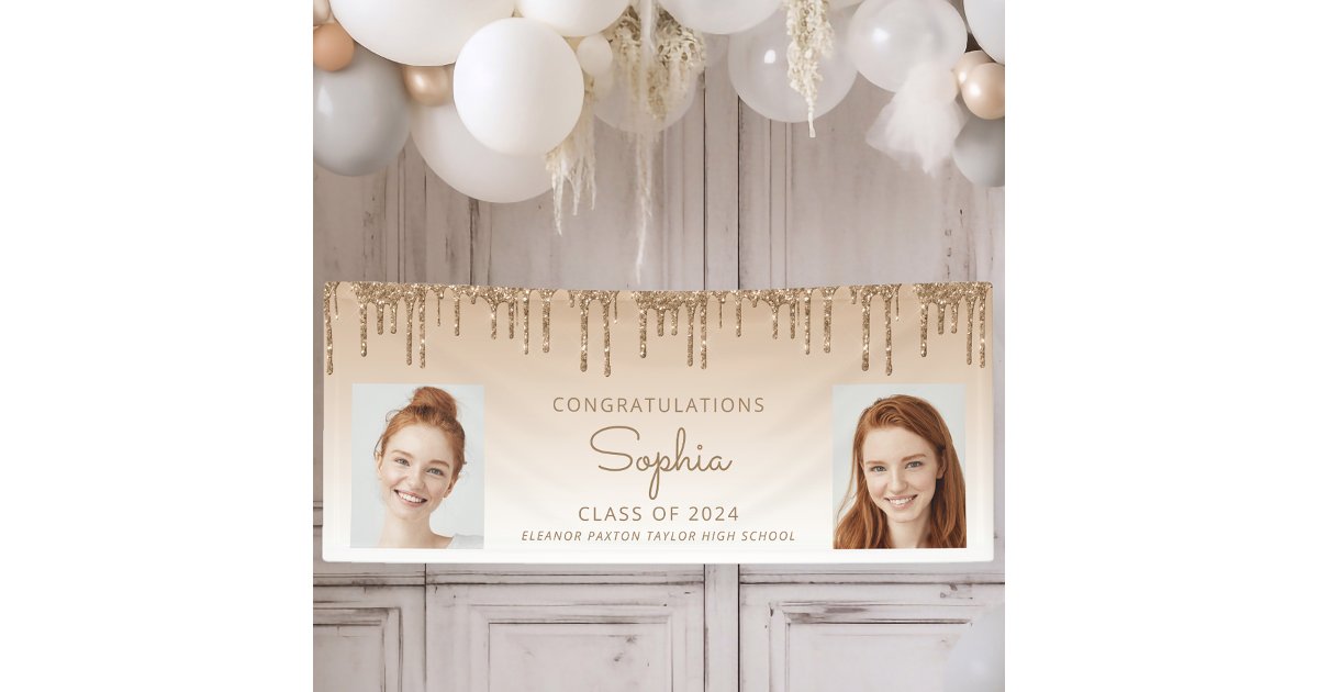 Class of 2026 Gold Glitter 2-Photo Graduation Banner | Zazzle