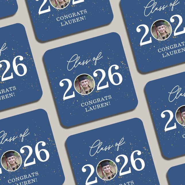 Class of 2026 Gold Glitter Graduation Square Paper Coaster (Creator Uploaded)