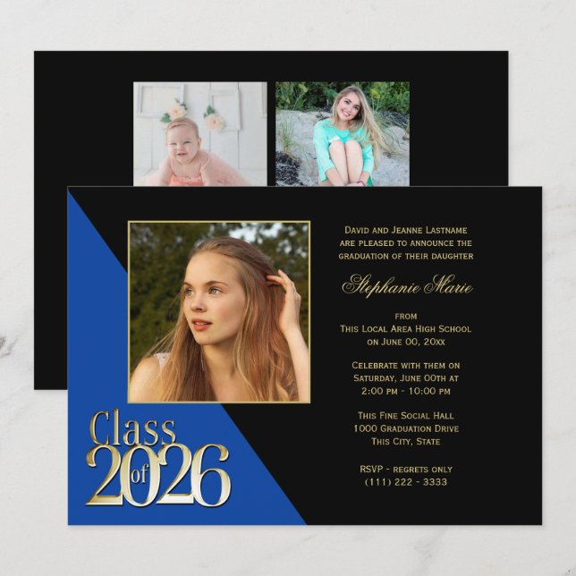 Class of 2026 Gold Grad Blue with Photo Invitation (Front/Back)