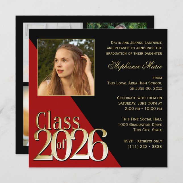 Class of 2026 Gold Grad Red with Photo Invitation (Front/Back)