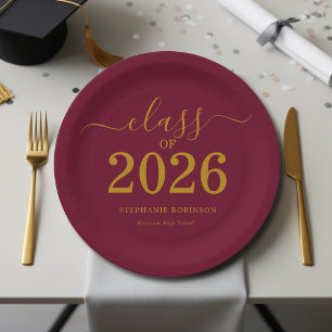 Class of 2026 Gold Maroon Graduation Party Paper Plates