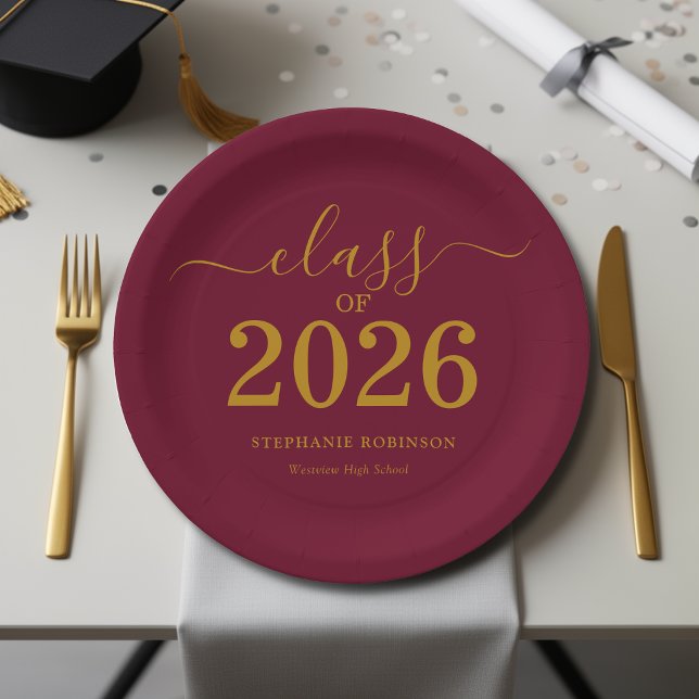 Class of 2026 Gold Maroon Graduation Party Paper Plates (Creator Uploaded)