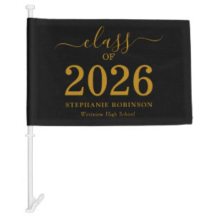 Class of 2026 Gold Script On Black Graduation  Car Flag