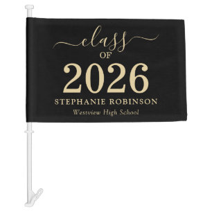 Class of 2026 Gold Script On Black Graduation Car Flag
