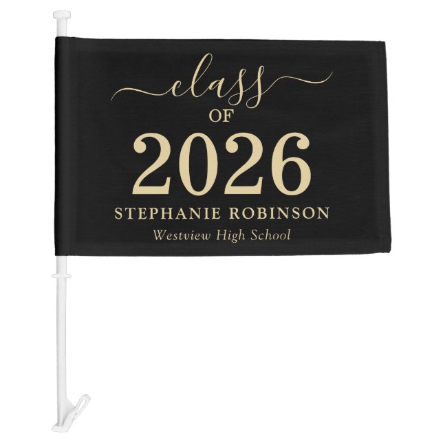Class of 2026 Gold Script On Black Graduation  Car Flag (Front)