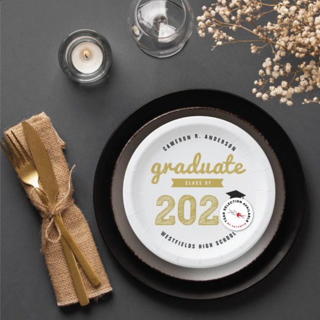 Class Of 2026 Gold Sketch Graduation Grad Party Paper Plates (Class Of 20YY Gold & Black Sketch Graduate, Graduation Party Paper Plate @ zazzle.com/color_therapy)