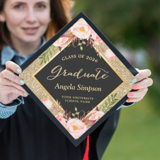 Class of 2026 Gold Whimsical Floral Celebration Graduation Cap Topper