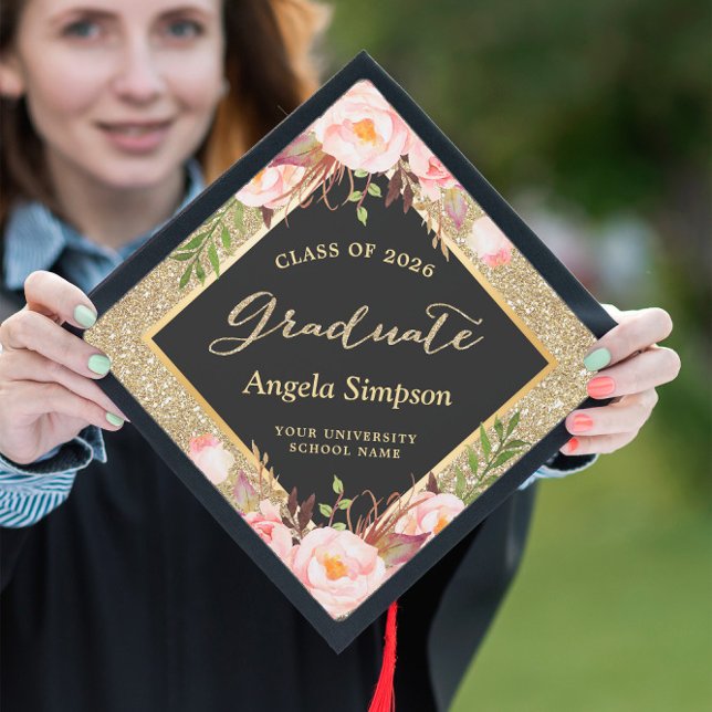 Class of 2026 Gold Whimsical Floral Celebration Graduation Cap Topper (Creator Uploaded)