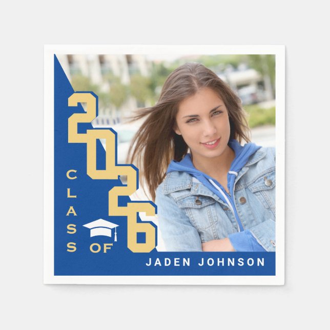 Class of 2026 Golden Blue PHOTO Graduation Party Napkins (Front)