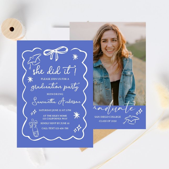 Class of 2026 Grad Announcement,Black  Bow doodle Invitation (Creator Uploaded)