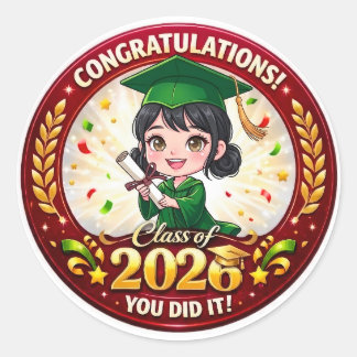 Class of 2026 Grad Girl - Green & Gold Keepsake Gi Classic Round Sticker