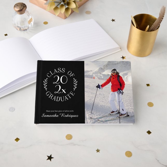 Class of 2026 Grad Photo Black Pattern Graduation Guest Book (Front Open)