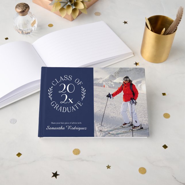 Class of 2026 Grad Photo Navy Pattern Graduation Guest Book (Front Open)