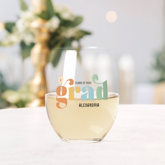 Class of 2026 Grad Retro Daisy Stemless Wine Glass (Insitu (Wedding))