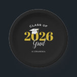 Class of 2026 Grad Simple Black and Gold Paper Plates<br><div class="desc">This black personalized paper plate is perfect for any graduation party. The gold and white text reads: Class of 2026 Grad. A black mortarboard sits on top of the zero in the year.</div>