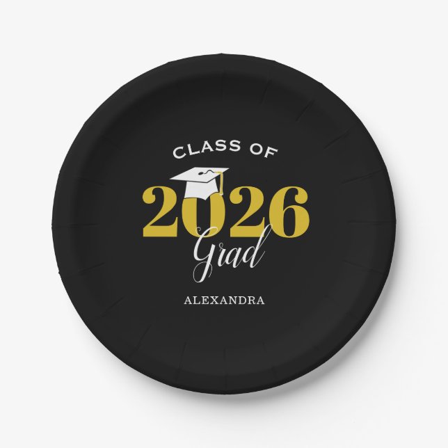 Class of 2026 Grad Simple Black and Gold Paper Plates (Front)