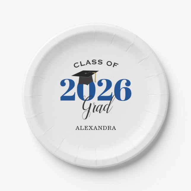 Class of 2026 Grad Simple Blue and Black Paper Plates (Front)