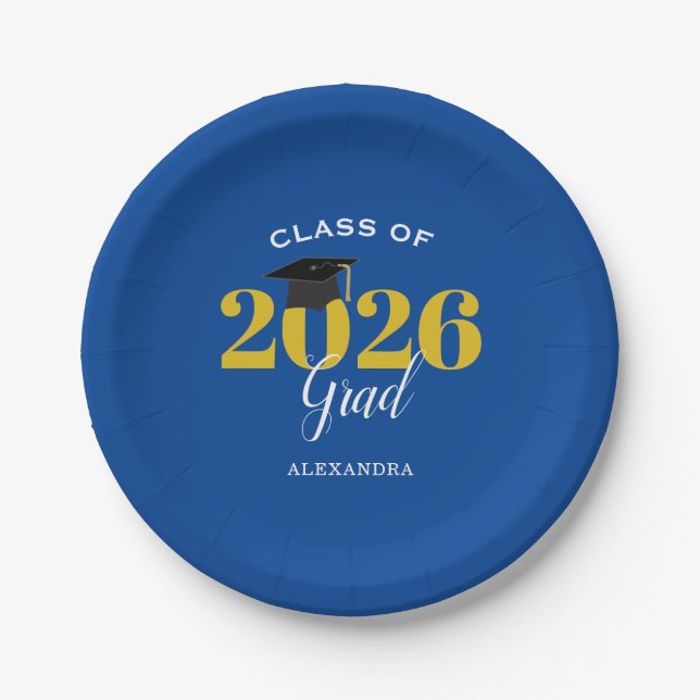 Class of 2026 Grad Simple Blue and Gold  Paper Plates (Front)