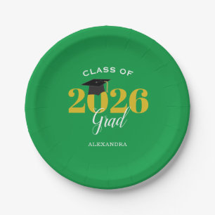 Class of 2026 Grad Simple Green and Gold Paper Plates