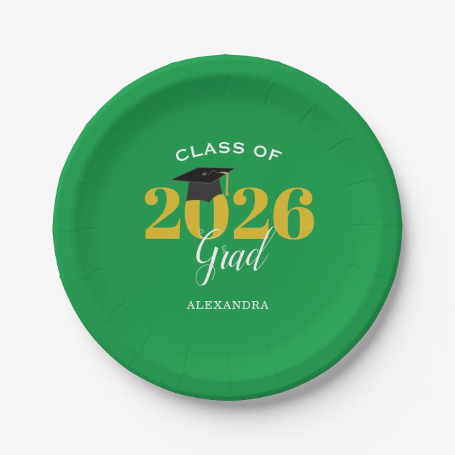 Class of 2026 Grad Simple Green and Gold Paper Plates (Front)
