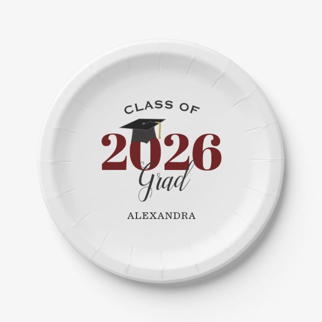 Class of 2026 Grad Simple Maroon and Black Paper Plates (Front)