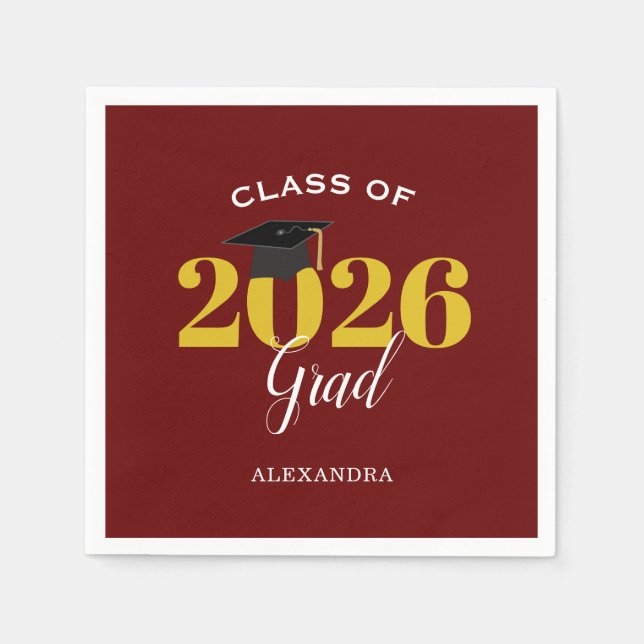 Class of 2026 Grad Simple Maroon and Gold Napkins (Front)