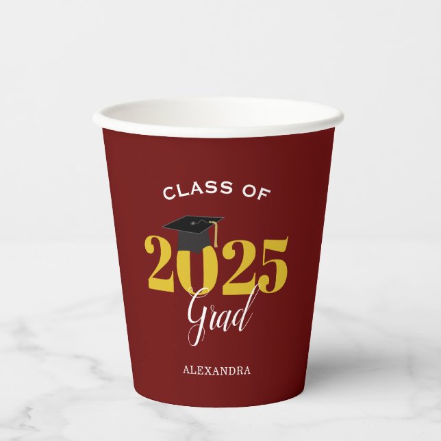 Class of 2026 Grad Simple Maroon and Gold Paper Cups (Front)