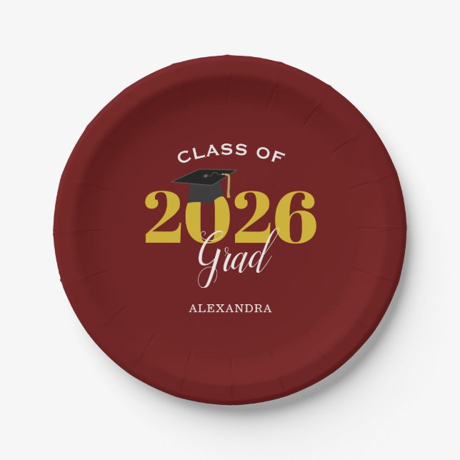Class of 2026 Grad Simple Maroon and Gold Paper Plates (Front)