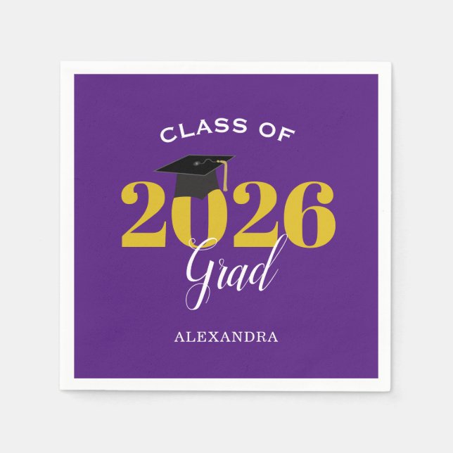 Class of 2026 Grad Simple Purple and Gold Napkins (Front)