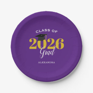 Class of 2026 Grad Simple Purple and Gold Paper Plates