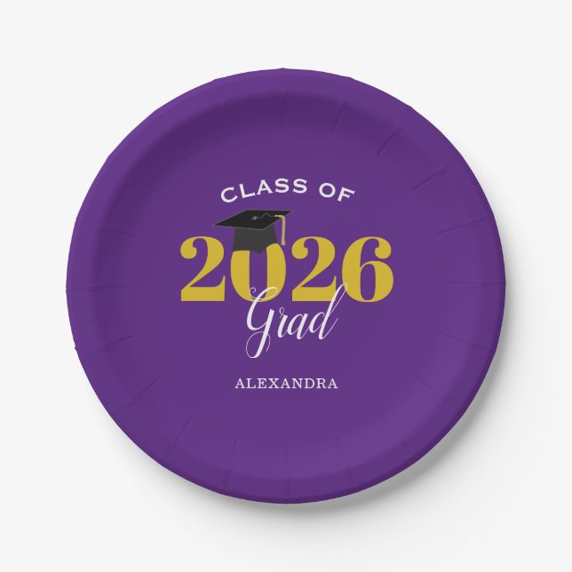 Class of 2026 Grad Simple Purple and Gold Paper Plates (Front)