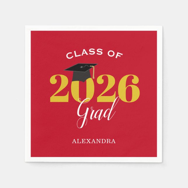 Class of 2026 Grad Simple Red and Gold Napkins (Front)