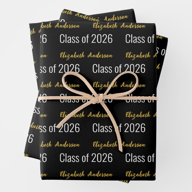 Class of 2026 Grad's Full Name Black White Gold Wrapping Paper Sheets (In situ)