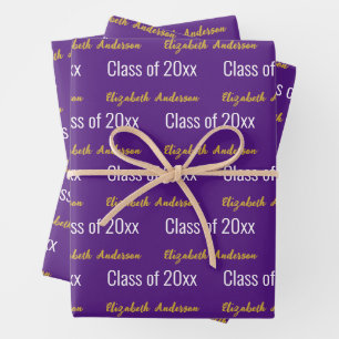 Class of 2026 Grads Full Name Purple White Gold Wrapping Paper Sheets