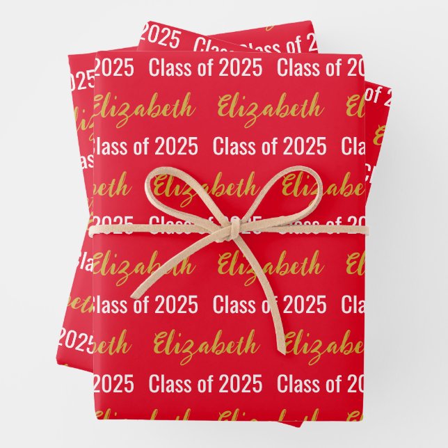 Class of 2026 Grad's Name Red Black White Gold Wrapping Paper Sheets (In situ)
