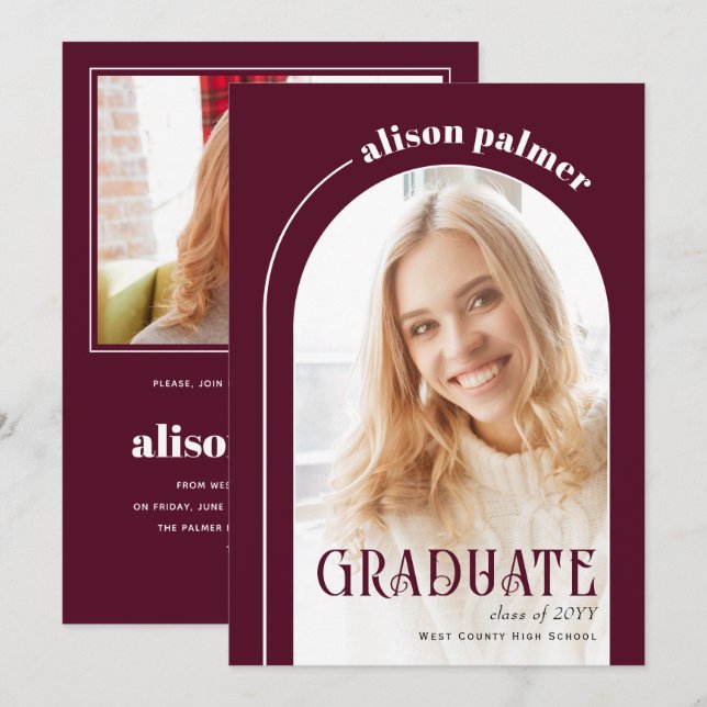 Class of 2026 GRADUATE arch burgundy photo Invitation (Front/Back)